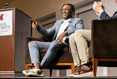 A.J. Brown of the Philadelphia Eagles speaking on stage