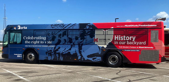 A new wrap on a BCRTA bus celebrating Western College and Freedom Summer of 1964 at Miami University