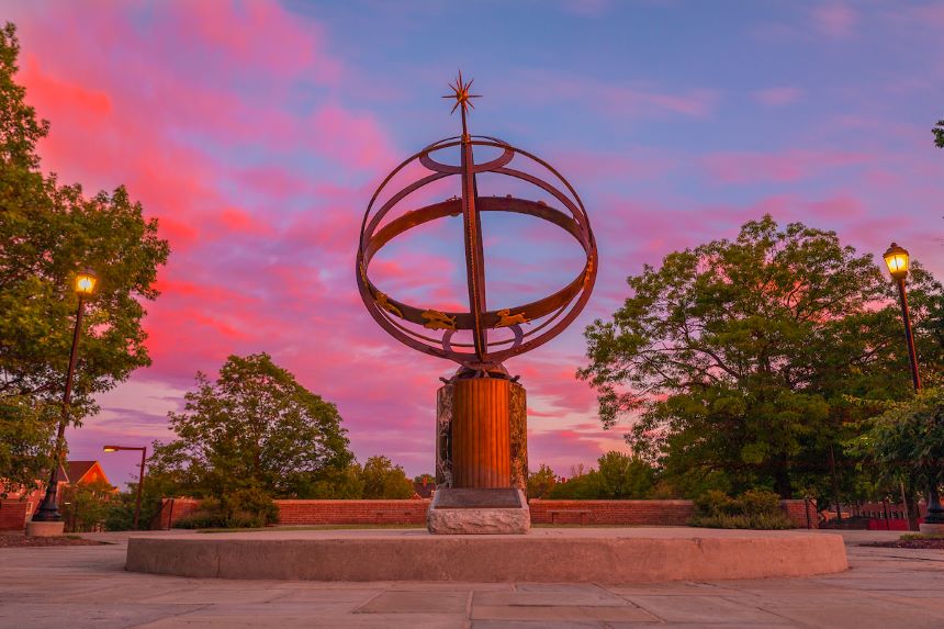 The sundial sculpture at sunset.