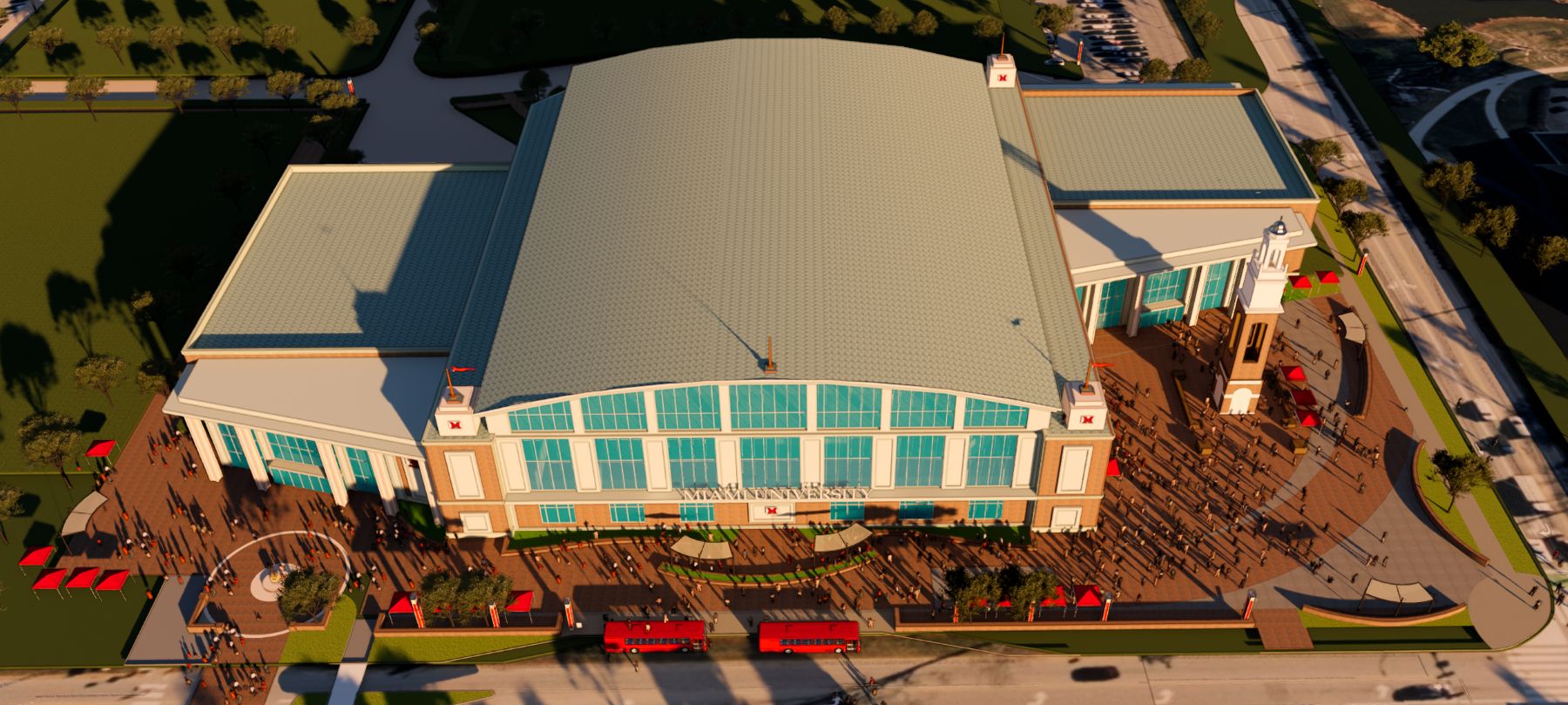 Aerial rendering of the top of the arena, part of the grassy field has been preserved on the left of the image to maintain open green spaces on campus