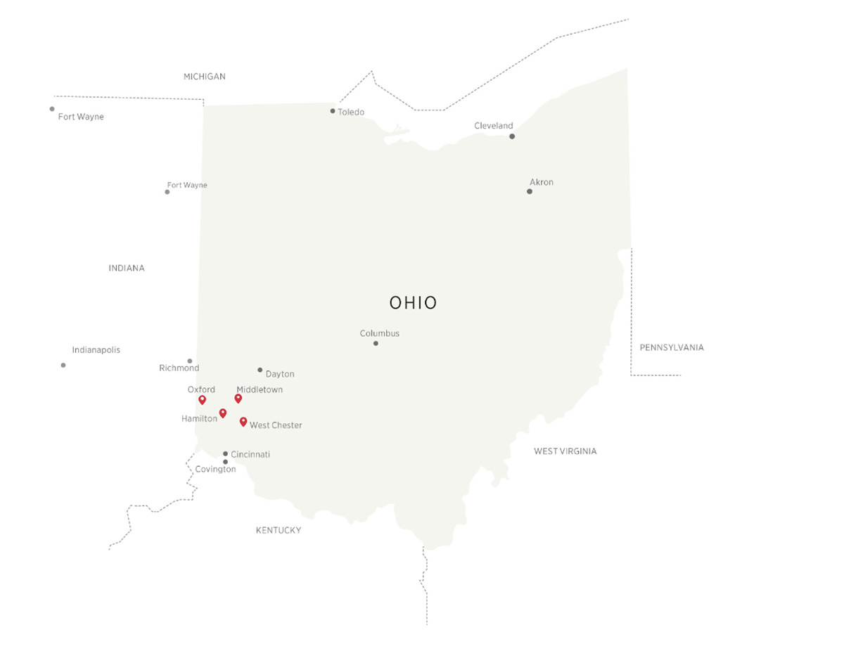 Outline of an Ohio map with Miami's Oxford, Hamilton, and Middletown locations marked