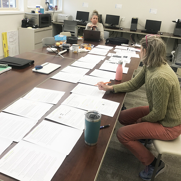 Suzi Zazycki and Susan Meikle work on a document