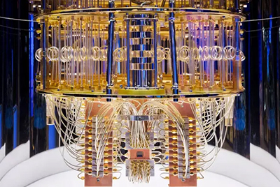 Close-up of a quantum computer showcasing its intricate wiring and components.