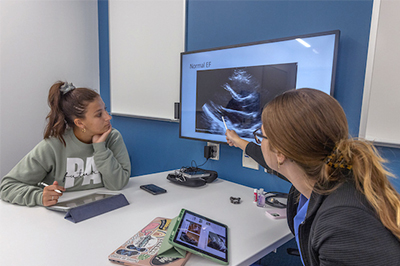 Two students in a study room discussing an ultrasound image displayed on a monitor. One student points at the screen while the other observes attentively.