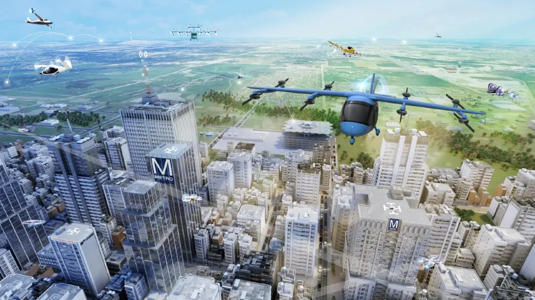 Illustration of multiple planes and helicopters flying over a city