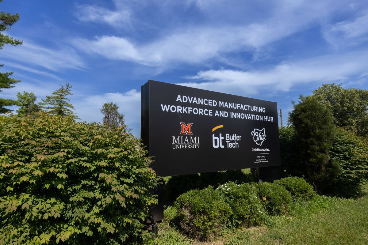 The building sign seen from the road for the future location of the advanced manufacturing hub showing Miami University's partnership with Butler Tech