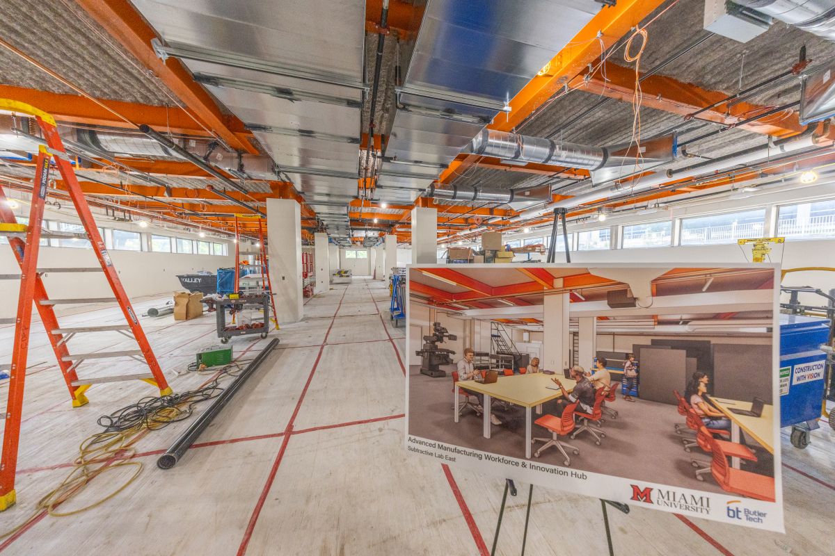 Interior construction in progress on the advanced manufacturing hub building with lots of scaffolding