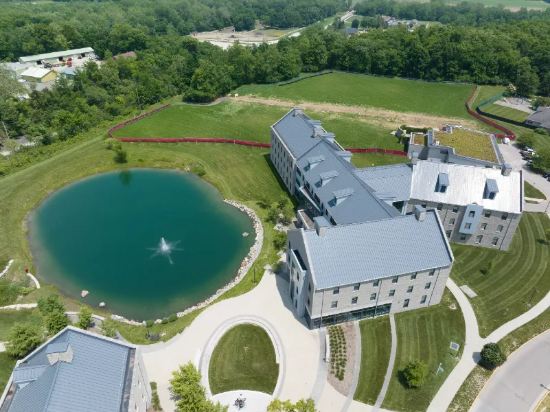 Aerial view of solar panels on western campus.