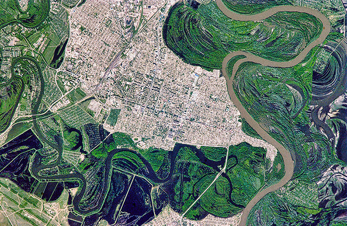 view of a town from a satellite