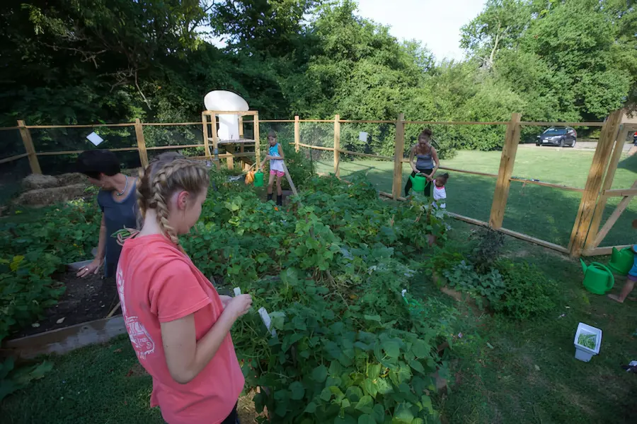 students in a garden evaluating crops