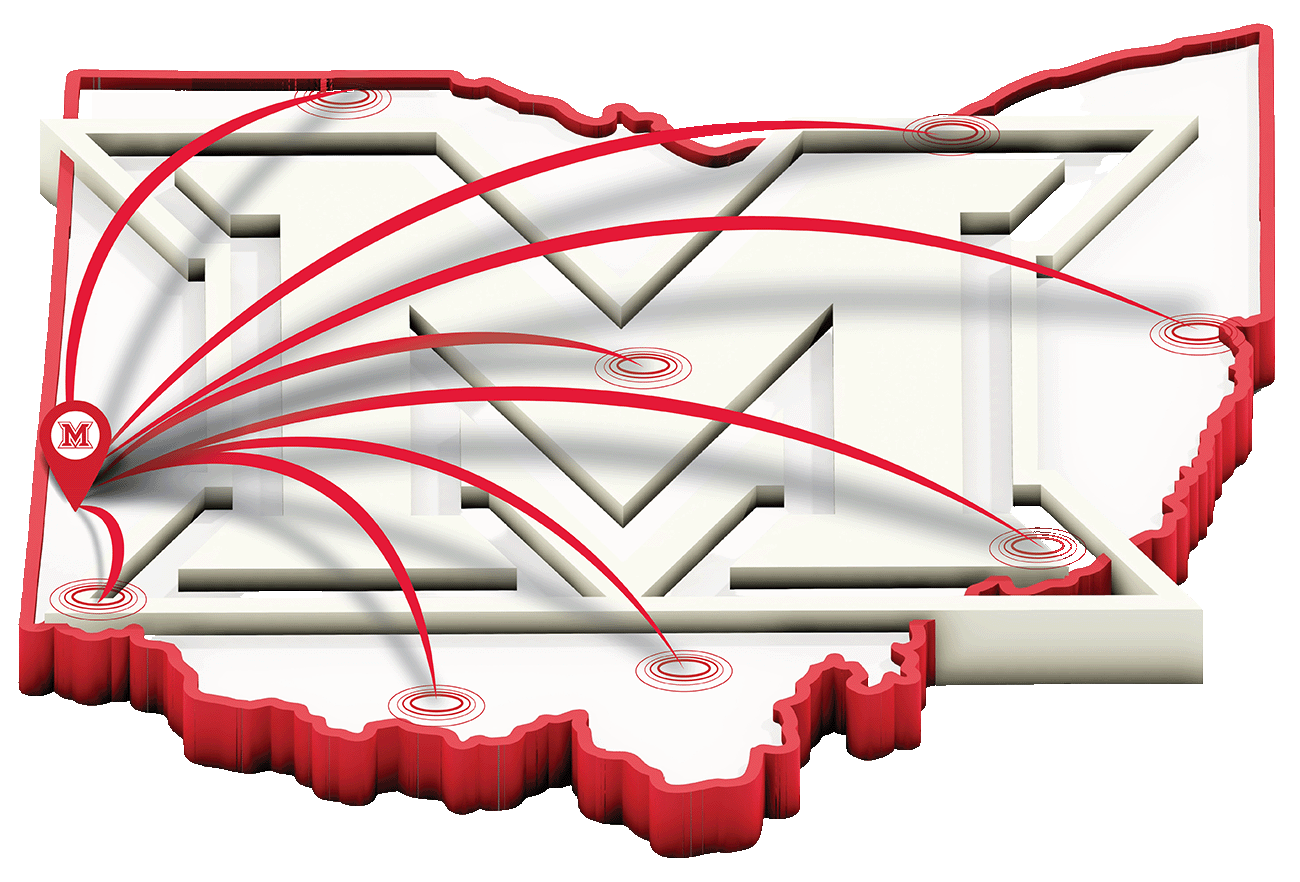 Shape of the state of Ohio, a map pin showing where Miami University is, lines reaching out from Oxford, Ohio to other parts of the state that Miami has impacted