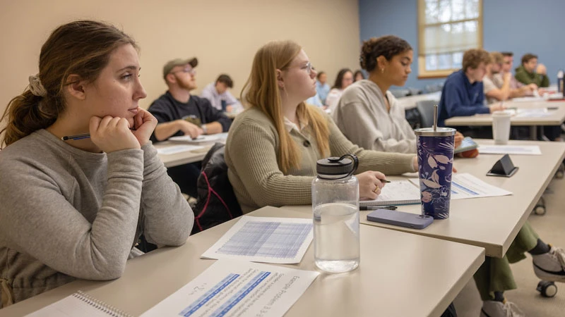students in a classroom listening to a speaker