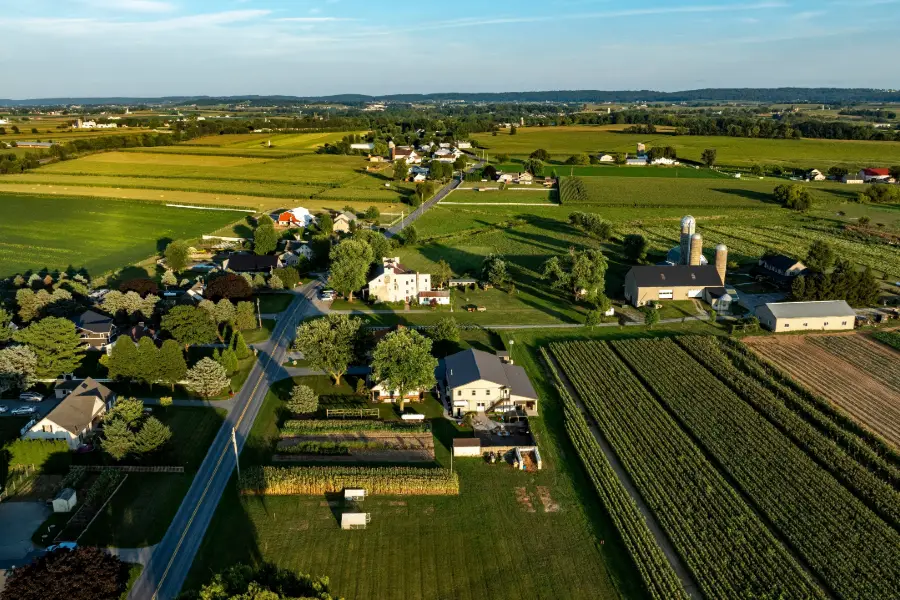 Aerial view of farm with fields, houses, and barns.
