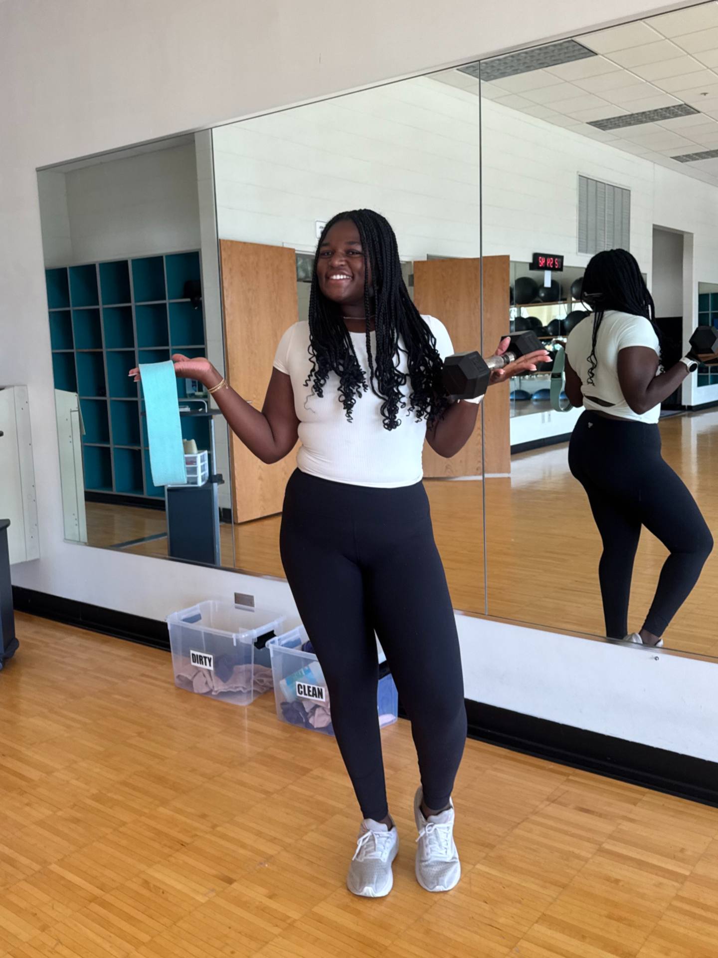 Mia Christmon after teaching a rec group fitness class