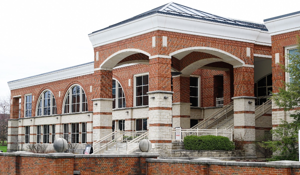 Exterior of the front entrance of the Rec Sports Center with large staircase