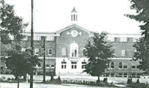 Black and white photo of the Withrow Court entrance once construction was completed.