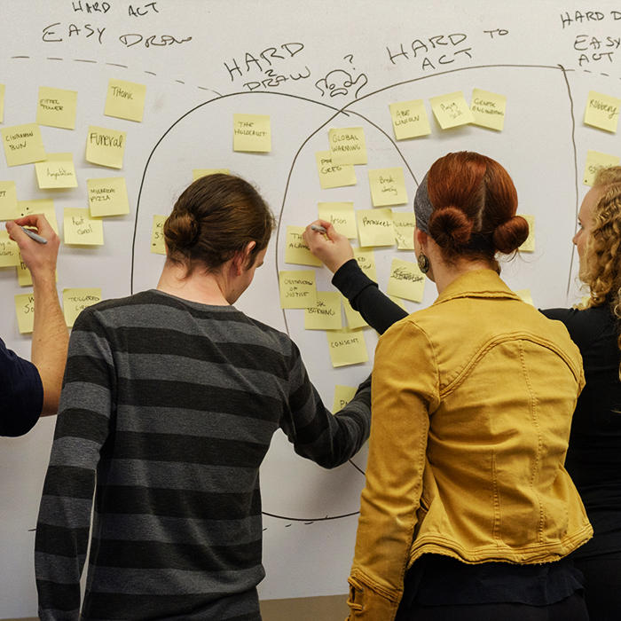 Students working at a white board that has post-it notes on it.