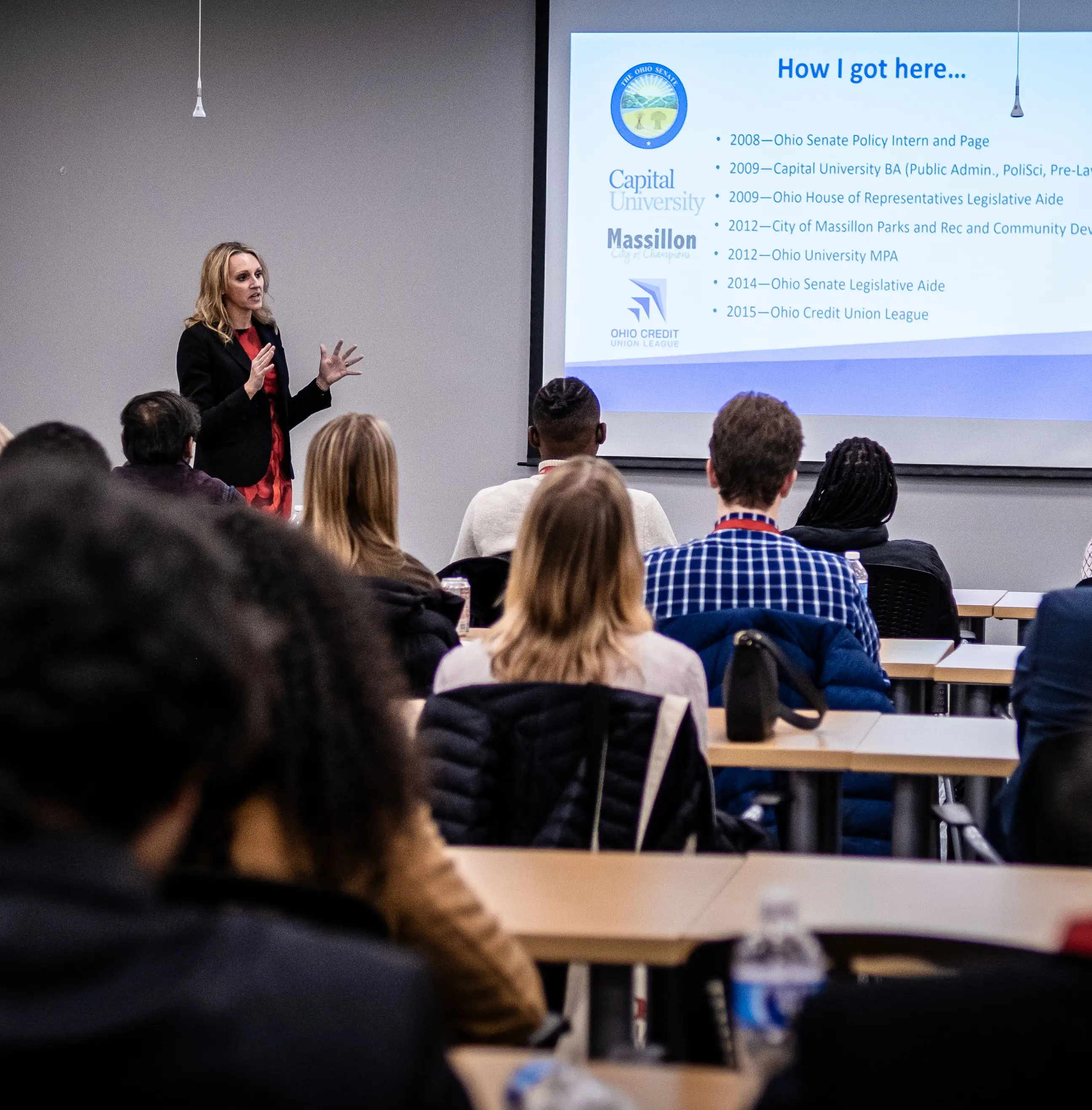 Professional discussing their career roadmap to Miami students in classroom