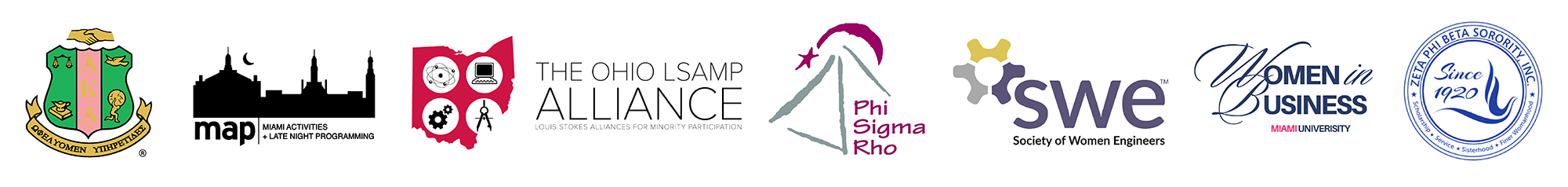 The logos for the following student organizations: Alpha Kappa Alpha Sorority, Inc. Lambda Mu Chapter, Miami Activites and Late Night Programming (MAP), Ohio Louis Stokes Alliance for Minority Participation (LSAMP), Phi Sigma Rho Miami, Society of Women Engineers, Women in Business, and Zeta Phi Beta Sorority, Inc. Xi Rho Chapter.