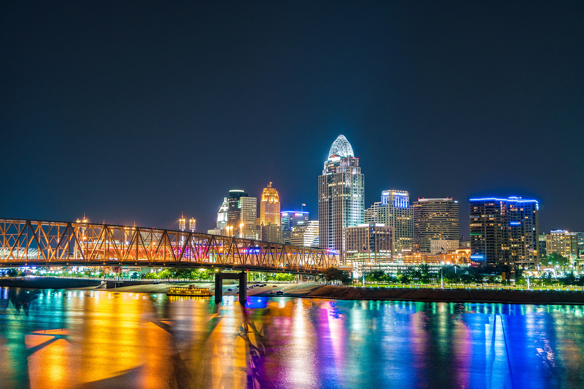 The Cincinnati skyline at night.