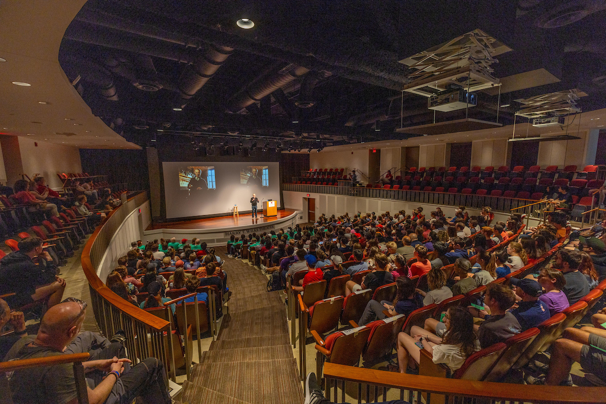 A sold-out Wilks Theater crowd listens to Adam Savage.