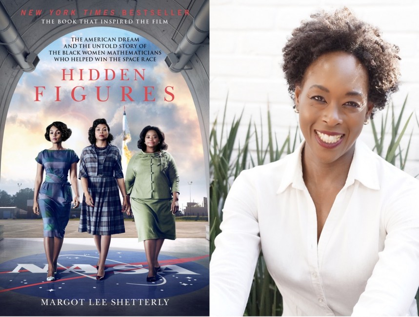 Margot Lee Shetterly's head shot beside the Hidden Figures movie poster