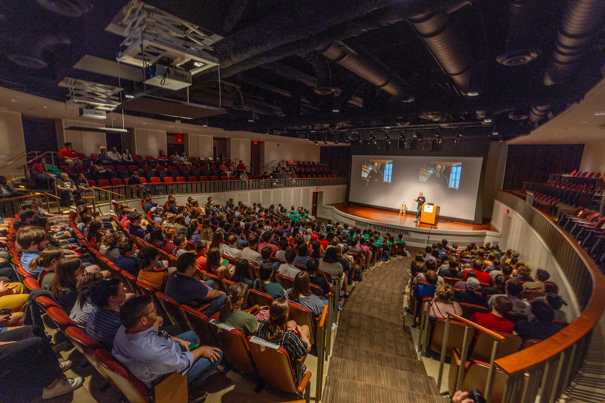 A sold-out Wilks Theater crowd listens to Adam Savage.