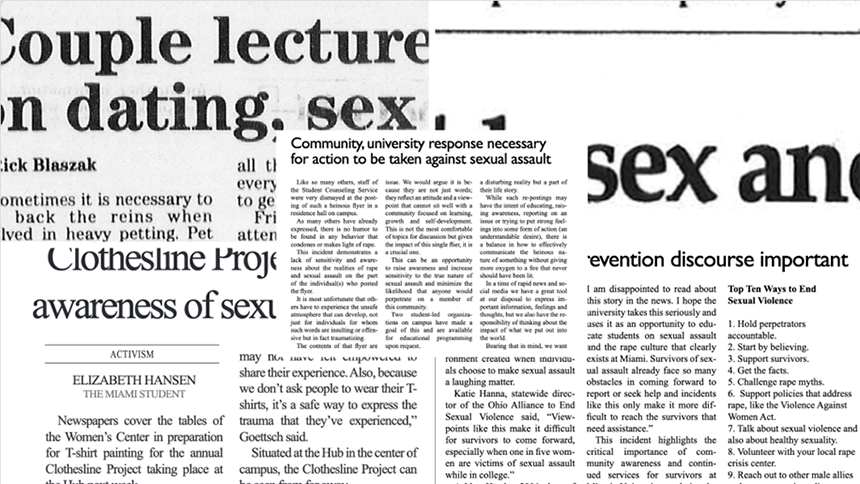 Screenshots from news stories regarding dating and interpersonal violence at Miami University.