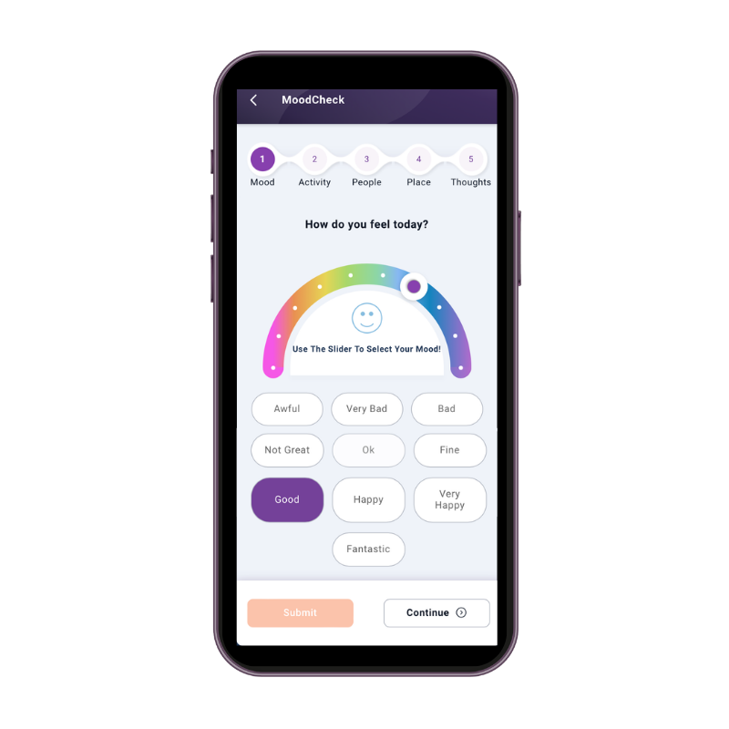 Mobile app screen for “MoodCheck” with a rainbow slider and mood buttons to answer “How do you feel today?”.