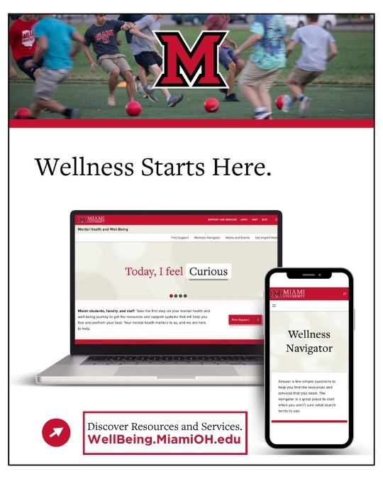 Miami University wellness promotion with “Wellness Starts Here” and screenshots of the Well-Being.MiamiOH.edu site on a laptop and phone.