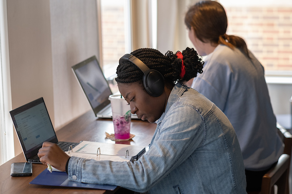 A student studies on a laptop. 