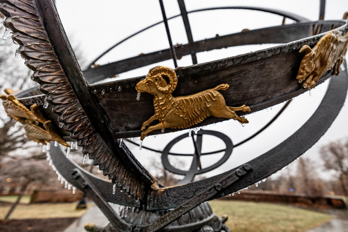 A picture of a ram on the Tri-Delta Sun Dial with ice on it.