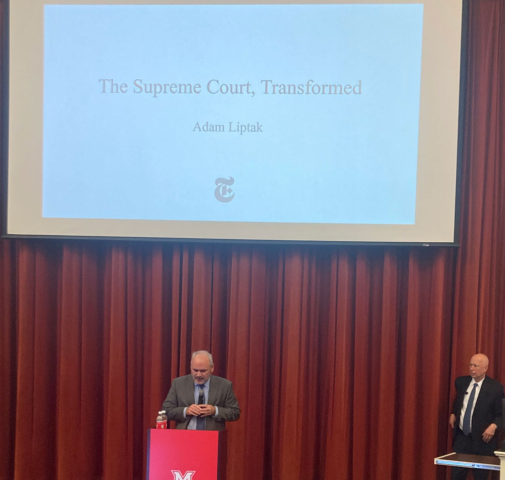 John Forren introduces Liptak at his lecture on November 15, 2023