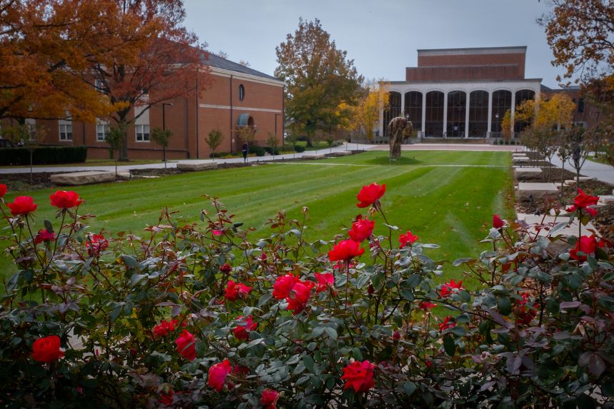 Photograph of Hiestand Gallery with a flower garden in the foreground.