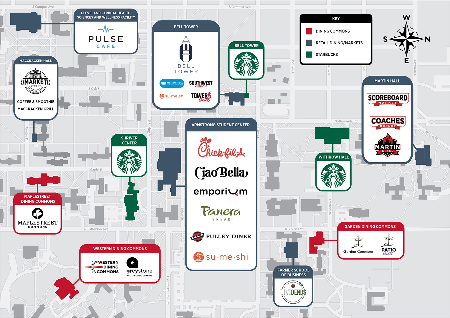 Map showing locations of places to eat on campus