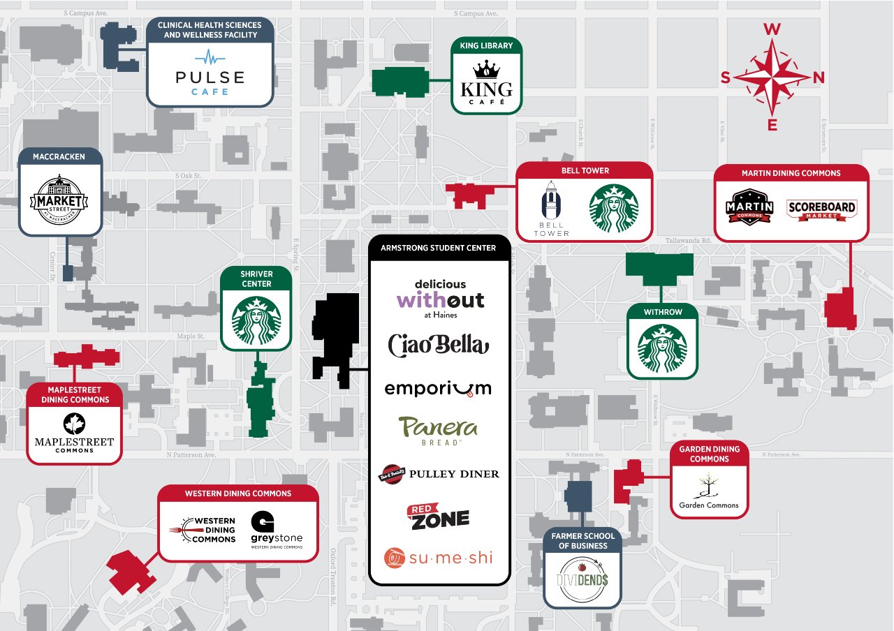 Map showing locations of places to eat on campus