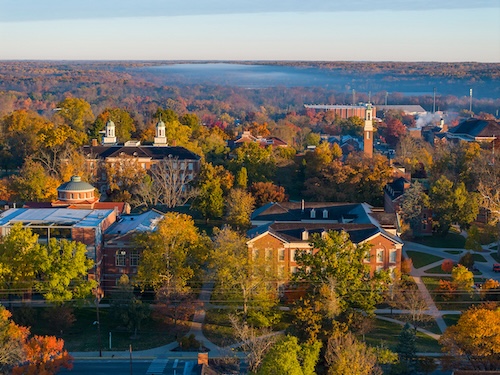An aerial view of campus on a fall day