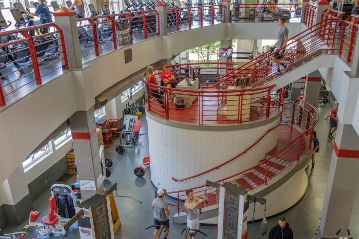 Bustling view of the Rec Center fitness room