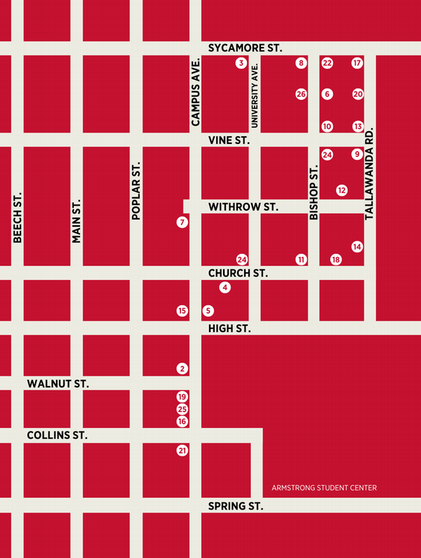Simple map of fraternity chapter houses, with numbers corresponding to each location. Chapter address locations are listed in page content. 