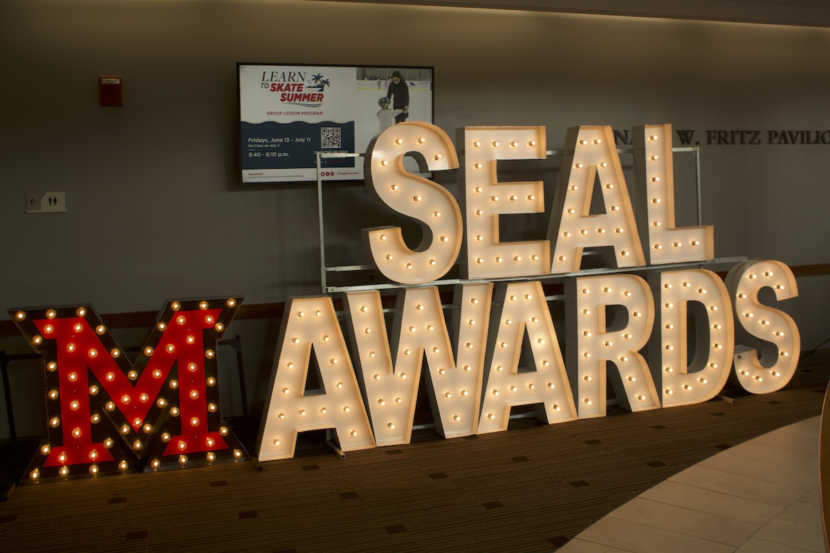 Light up letters spelling "SEAL AWARDS" on the second floor of the Armstrong Student Center.