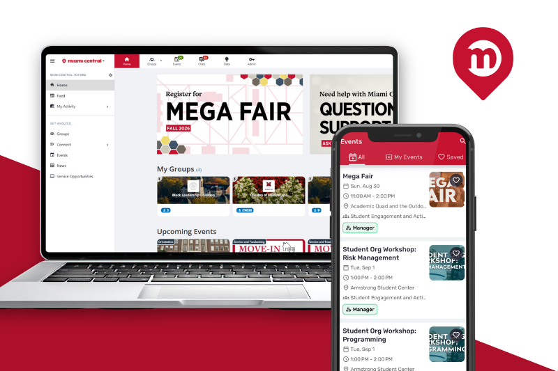 Laptop and phone with the Miami Central homepage and app pulled up on each. 