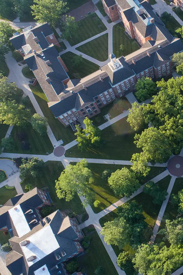 Pathway on Miami University's campus with Globe artwork. 