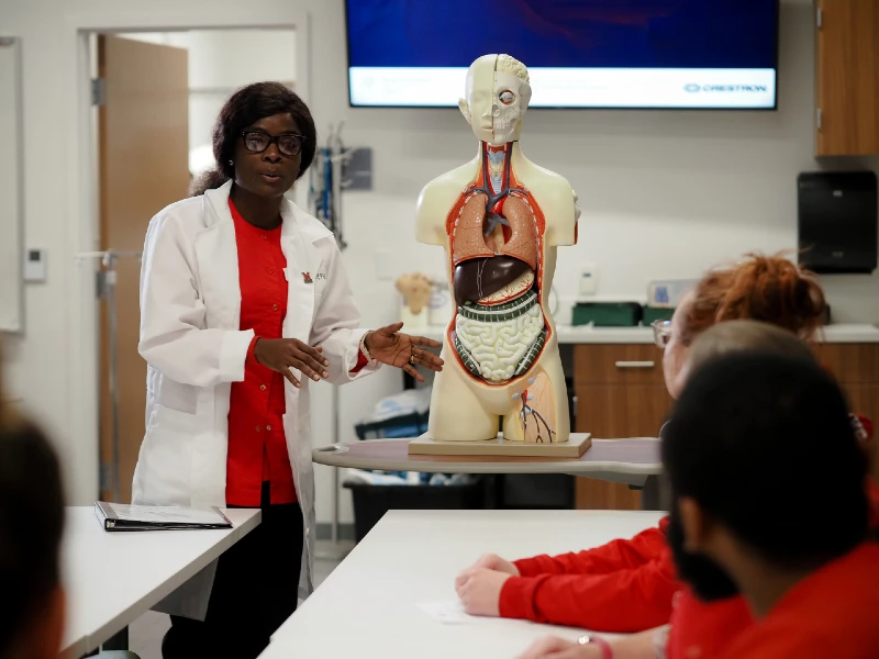 Nurse Leadership and Management student displaying the anatomy model in the classroom.