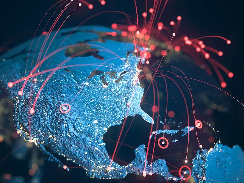 Illustration showing North America and red connection lines representing a plethora of digital connections.