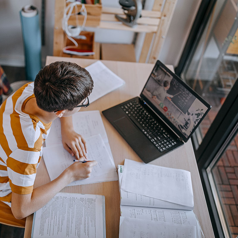 A young student working on a laptop computer near windows.