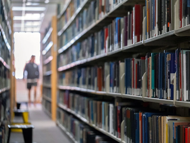 University library aisle with student standing at the end.