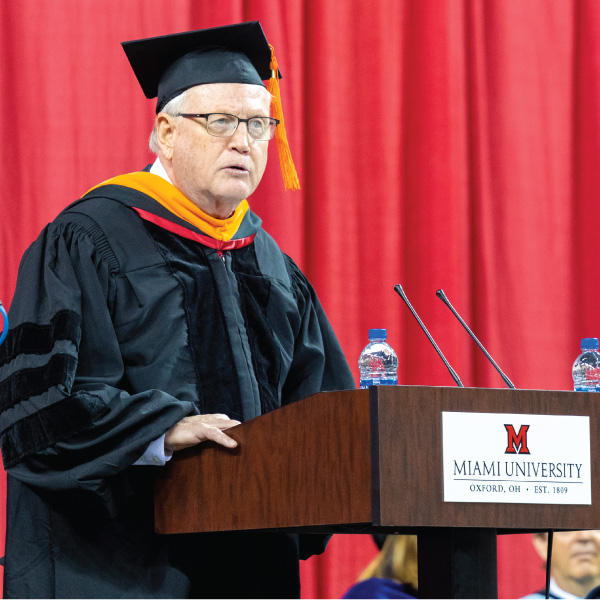 Bob Fairchild speaking during the College of Liberal Arts and Applied Science commencement ceremony.