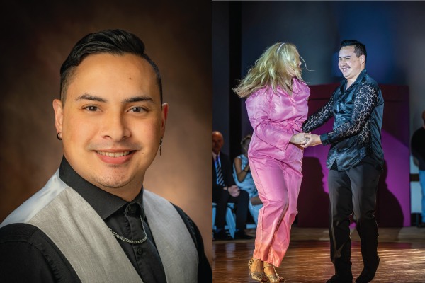 Left: headshot of J. Ravancho. Right: J ballroom dancing with a partner. 