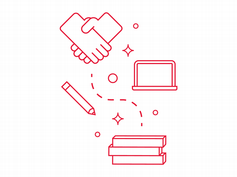An illustration of hands holding, laptop screen, pencil, and text books 