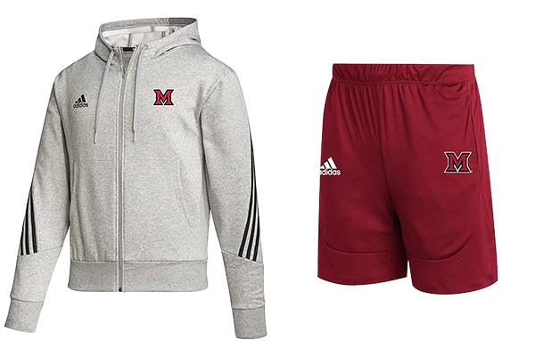 Miami University Heathered Gray Zip Up with Beveled M, Miami University Red Basketball Shorts with Beveled M